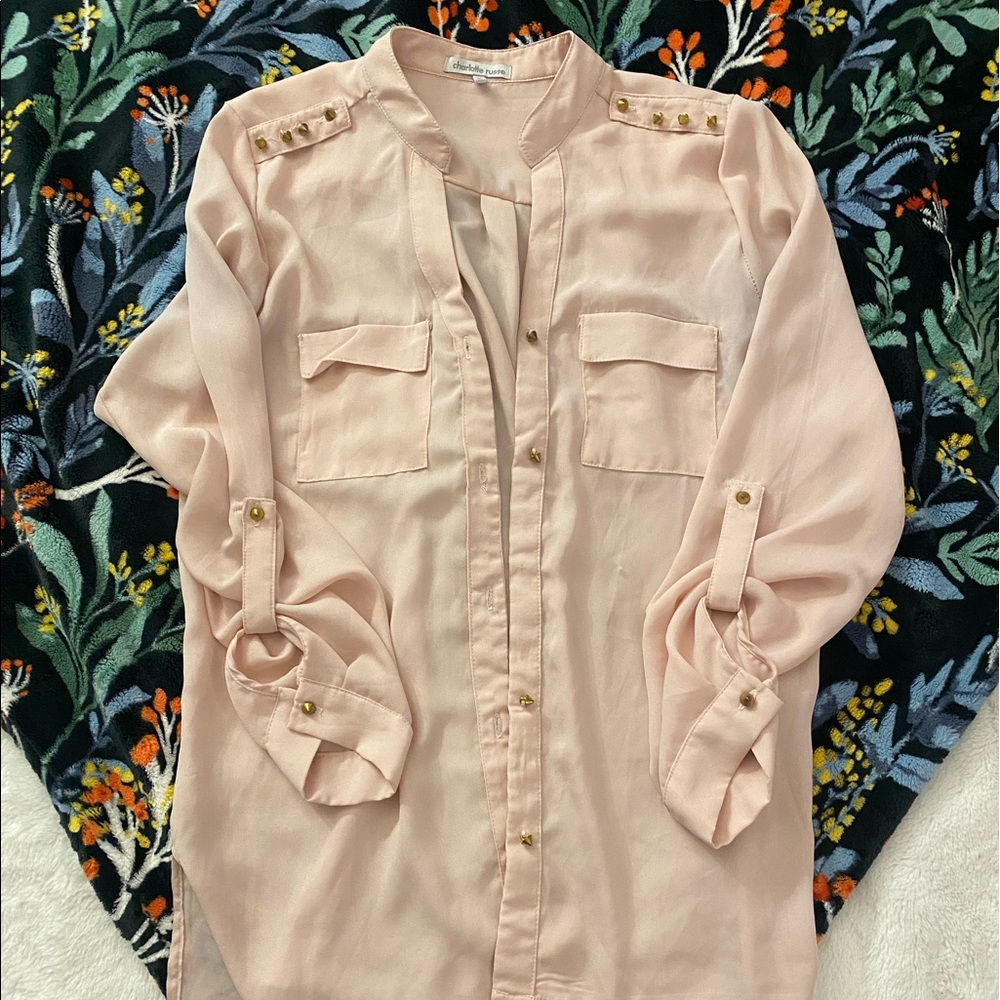 Charlotte Russe sheer pink brass button blouse Medium Work casual vintage cute